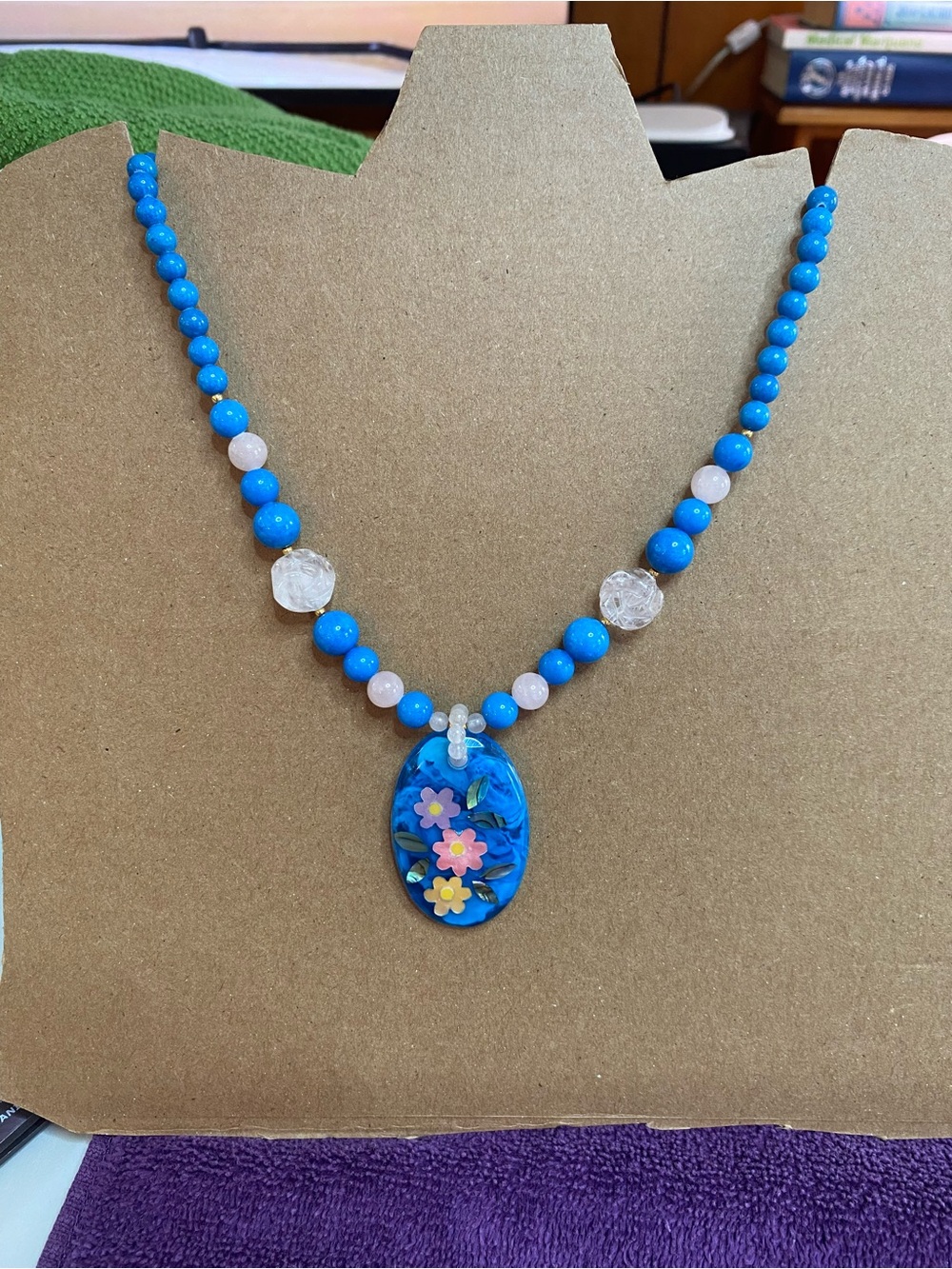 Lee Sands signed gorgeous blue floral necklace